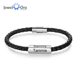 Charm Bracelets Personalized Engraving 1-4 Names Stainless Steel Wristband Bracelets Black Braided Leather Bracelets for Men Gifts 231204