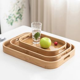 Dishes Plates Multipurpose Round Rectangular Bamboo Wooden Serving Tray Household Tea Coffee Trays Kitchen Storage for Breakfast Food 231206