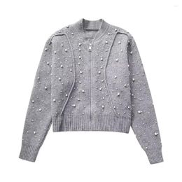 Men's Jackets Knit Bomber For Women Cropped Knitted Cardigan Woman Faux Pearls Zip Grey Jacket Long Sleeve Short Autumn Sweater