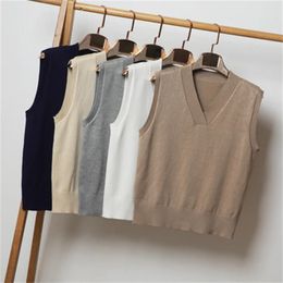 Women's Vests S-4XL Autumn winter knitted tops preppy cute crop korean style knitwear v neck oversized beige sweaters for women fashion vest 231206