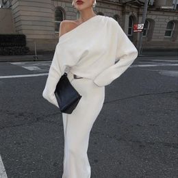Casual Dresses 2024 Elegant Off-shoulder Maxi Dress For Women Long-sleeved Solid Colour Fashion Diagonal Neck Loose Cocktail Party Evening