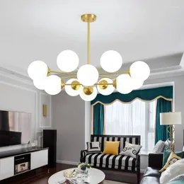 Chandeliers Modern Chandelier Light For Living Room All Copper Hanging Lamps Restaurant White Glass Ball Lighting Fixture
