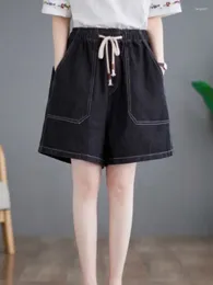 Women's Shorts Retro Fashion Punk Style Denim Summer Loose Fitting Casual High Waisted A-line Drawstring Wide Leg Straight Pants