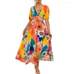 Women's Swimwear Sexy Deep V-Neck Maxi Dresses Women Bohemian Short Sleeve Printed Long Dress Female Vintage Holiday Loose Beach Cover Up