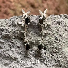 Stud Earrings Natural Black Spinel Stone Butterfly S925 Silver Studs For Women Delicate Jewelry Gift