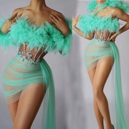 Stage Wear Mint Green Rhinestones Dress Sexy Pole Dance Mesh Mini Women Celebrate Evening Dresses Festival Outfit Gogo Costume XS7393