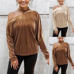 Women's T Shirts Autumn And Winter Temperament Strapless Gold Velvet Blouse Elegant Solid Colour Hanging Neck Fleece Long Sleeve Top