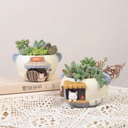 Vases Creative Planter For Succulents Garden Decorations Resin Flower Pot Decorative Ornament Fairy Garden Cat Fox Tabletop Decor 231207