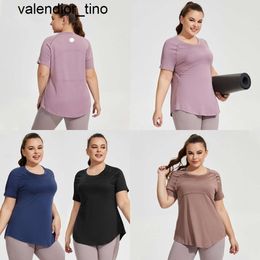 New LU-ss Large size long buttocks cover thin yoga clothing fashion brand back breathable short sleeve running fitness top sportswear womens Yoga hoodie