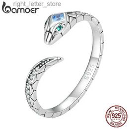 Solitaire Ring Bamoer 925 Sterling Silver Snake Shape Finger Ring Animal Unadjustable Ring for Women Pave Setting Zircon Fine Jewelry BSR355 YQ231207