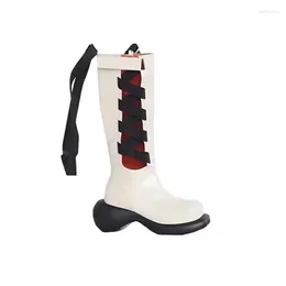 Boots White Leather Knight Women Strange Heeled Round Toe Knee High 2023 Vintage Hollow Out Sleeve Shoes