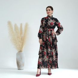 Casual Dresses Elegant Floral Muslim Big Hem Chiffon Dress Women Flowe Printed Sundress Kaftan Turkey Abaya Pleated Female Robe Islam