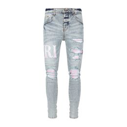 designer amirssNew Washed Old Damaged Side Pink Bordado Rosa Patchwork Blue Jeans