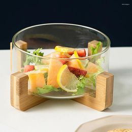 Dinnerware Sets Glass Fruit Bowl Wit Wooden Rack Clear Dessert Plate Jewelry Holder Dish Kitchen Gadgets 16cm