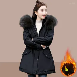 Women's Down Fashion Fur Collar Hooded Puffer Parkas Jacket Korean Mid-length Plus Cashmere Pie Overcoming Winter Coat Women Elegant