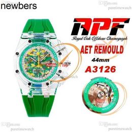 Men Audemar Pigue Watch Aebby 44mm Aet Remould A3126 Automatic Chronograph Mens Transparent Composite Material Case Green Dial Rubber Strap Super Version Relo