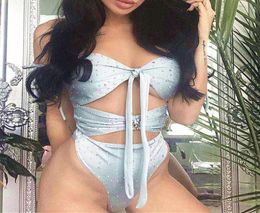 swimsuit 2021 newest gray strapless knot female onepiece swimsuits sexy crystal diamond high waist bikini2840638