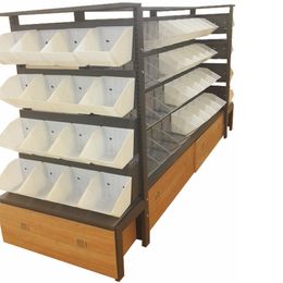 double Side Rack With Plastic Box Snack Shop Stand With Storage Bins Wooden Scattered Snacks Supermarket Shelf