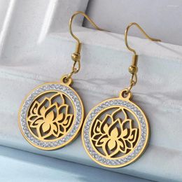 Dangle Earrings Dawapara Lotus Flower Women Chakras Pendant Clear Zircon Stainless Steel Round Charm Buddhist Yoga Jewellery