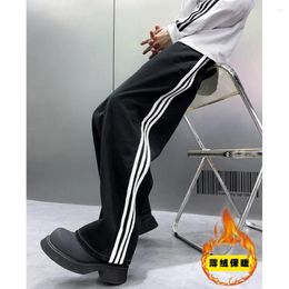 Men's Jeans Thermal Men Smart Casual White Stripe Patched Wide Denim Pants Thin Fleece Black Baggy