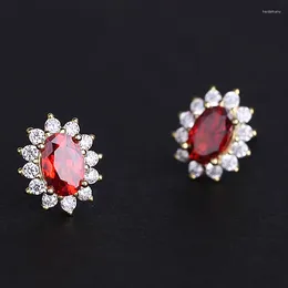 Stud Earrings 925 Sterling Silver 18K Gold Plated Ruby Color Garnet Red Cubic Zirconia Retro Elegant For Women