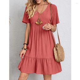 Casual Dresses Solid Color Short Sleeve Flowy V-neck Dress Y2K Summer Loose Women Knee Length Beach Vintage