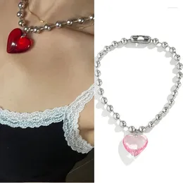 Pendant Necklaces 6 Colours Hip Hop Colourful Love Heart Necklace Women Punk Silver Colour Beads Chain Grunge Jewellery Accessories Steampunk