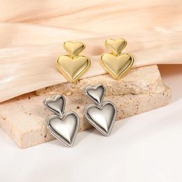 Stud Earrings Luxury Trendy Double Heart Shaped Gold Plated Smooth Metal Love Drop For Women Jewellery Party Gift