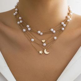 Pendant Necklaces PuRui Trendy Imitation Pearl Necklace Multilayer Star Moon Charm Choker Neck Clavicle Chain Jewellery Girls Party Wedding