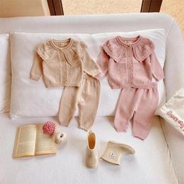 Clothing Sets Autumn Winter Kids Knitsuit Infant Thicken Lapel Knitted Sweater Suit Girl Baby Solid Tops Pants 2pcs Toddler Princess Coat