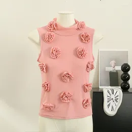 Women's Tanks Chic Vintage Mesh Three-dimensional Flower Sleeveless Shirt Sweet Elegant Bohemian Fashion Women Crop Top