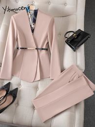 Women's Two Piece Pants Yitimuceng Elegant Office Pant Suit Korean Fashion Long Sleeve V Neck Formal Blazer Trousers Autumn Winter 2 Set 231206