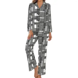 Women's Sleepwear Black And White Geo Print Pyjamas Geomatric Patchwork Bedroom V Neck Female 2 Piece Long Sleeves Cute Pyjama Sets