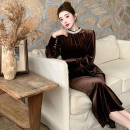 Casual Dresses W4M A Autumn Fashion Light Luxury Temperament Of The Girl Senior Sense Heavy Industry Nail Bead High Neck Velvet Suit Dress