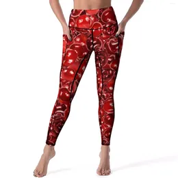 Women's Leggings Sweet Cherries Yoga Pants Pockets Fruit Print Sexy Push Up Kawaii Sports Tights Stretch Graphic Gym Leggins