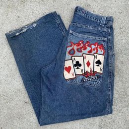 Jeans da uomo JNCO Y2K Harajuku Hip Hop Poker grafica retrò blu pantaloni larghi in denim Pantaloni larghi a vita alta gotici da donna