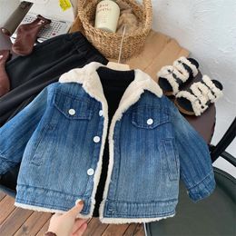 Down Coat Children's Hair Gradient Denim 2023 Autumn Winter Boys' Velvet Laple Warm Jacket Girls Thickened Outerwear