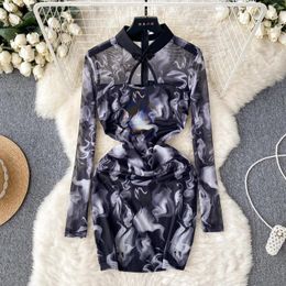 Casual Dresses Cheongsam Vintage Dress Chinese Traditional Mini Bodycon Long Sleeve Floral Print See Through Vestidos Drop