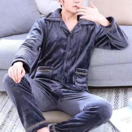 Men's Sleepwear Men Set Winter Pajamas With Lapel Thick Buttons Elastic Waist Soft Warm Homewear Top Pants For Solid