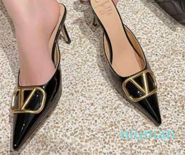 designer shoes Pointed leather sn's metal buckle sleeve high heels elegant headband slipper Valention Heel 5R00L