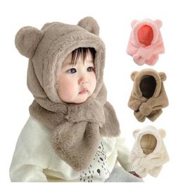 Winter Baby Hat Scarf One-Piece Faux Fur Kids Hats Cartoon Bear Warm Neck Ear Cap for Boys Girls Windproof Beanies Infant Stuffs