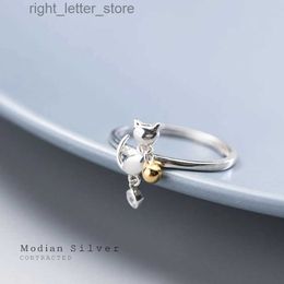 Solitaire Ring Modian New Shiny Zircon Lovely Bell Cat Open Adjustable Finger Ring for Women Gift 925 Sterling Silver Lucky Ring Fine Jewellery YQ231207