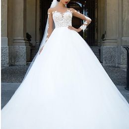 Abiti da sposa a maniche lunghe con scollo a V per Mariage Classica linea A in tulle Castello Hollow Elegante applicazione con bottoni ricoperti