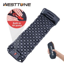 Outdoor Pads Outdoor Sleeping Pad Camping Inflatable Mattress Built-in Pump Ultralight Air Cushion Travel Mat With Headrest For Travel Hiking 231206