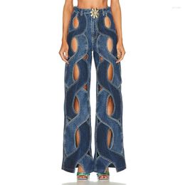 Women's Jeans Fashion Hollow Out Curved Stripe Splice Women Flower Shaped Metal Buttons High Waist Straight Denim Pants Female Trousers