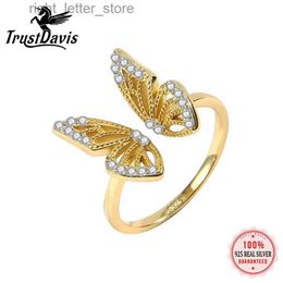 Solitaire Ring TrustDavis Real 925 Sterling Silver Sweet Butterfly CZ Opening Ring For Fashion Women Wedding Ring Jewelry DA1373 YQ231207