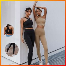 Lu Align Woman LLs Sport Women's Suit With 2-piece Two Piece Set Fitness Running Suit Seamless Leggings Front Cross Sexy Bra Lemon Lady Gry Sports Girls