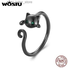 Solitaire Ring WOSTU 925 Sterling Black Cat With Green Eye Cute Pet Open Ring For Women Young Girl Gift Adjustable Ring wholesale Dropshipping YQ231207