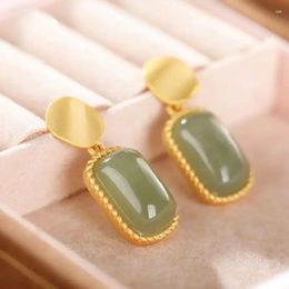 Dangle Earrings Natural Hetian Jasper Rectangular Chinese Style Classical Fresh Unique Ancient Gold Craft Pendant Ladies Jewellery