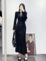 Maje long sleeved lapel patchwork PU knit sweater+high waisted slim fit long skirt se